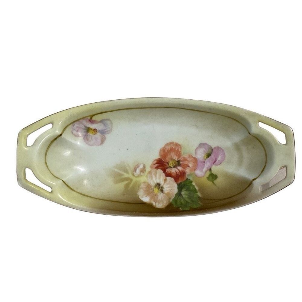 RS Prussia Tillowitz Oval Relish Dish Hand Painted Flowers